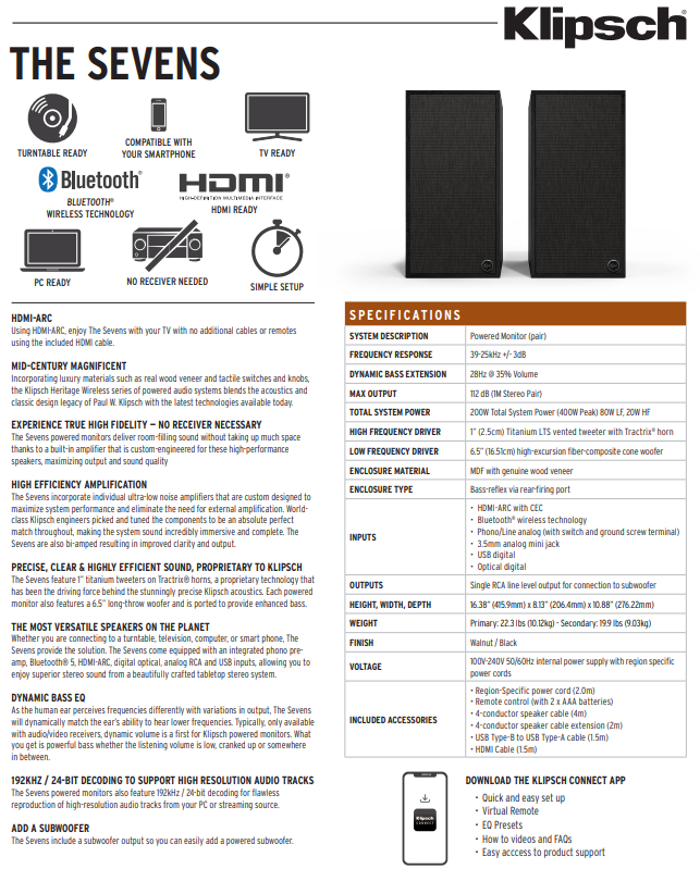 Enceintes Stéréo Amplifiées Klipsch The Sevens - Noyer, Bluetooth, HDMI-ARC, Préampli Phono Intégré