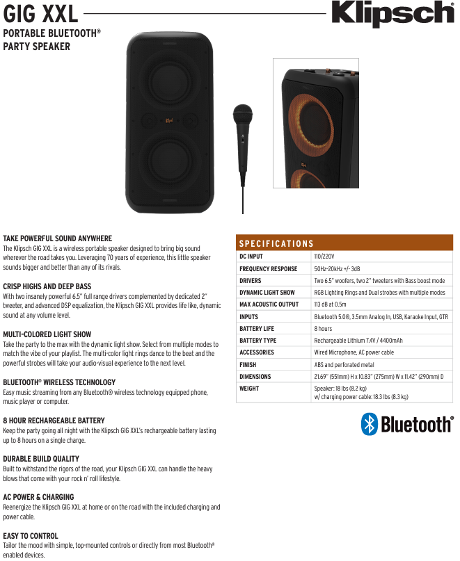 GiG XXL Specification Sheet Klipsch