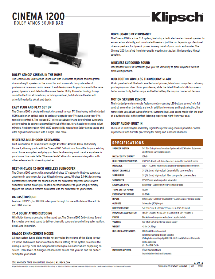 Cinema 1200 - Specification Sheet – Klipsch